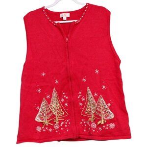 Quacker Factory Sweater Vest Size XL Zip Beaded Sequin Holiday Christmas Ramie